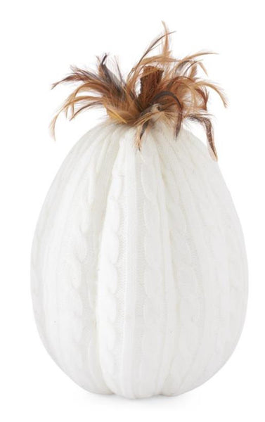 White Cable Knit Pumpkin with Wood Stem & Feathers