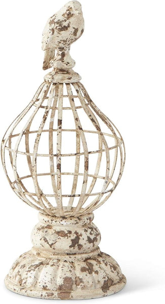 Washed Metal Birdcage Finial with Bird on Top
