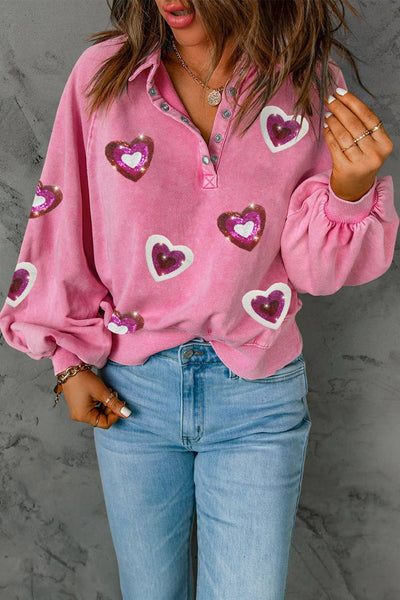 Mineral Wash Sequin Heart Snap Buttons Collared Sweatshirt: Pink / Missy / M