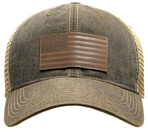 "American Flag" Trucker Cap Genuine Leather Patch