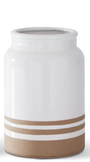 White with Tan Stripes Ceramic Vase