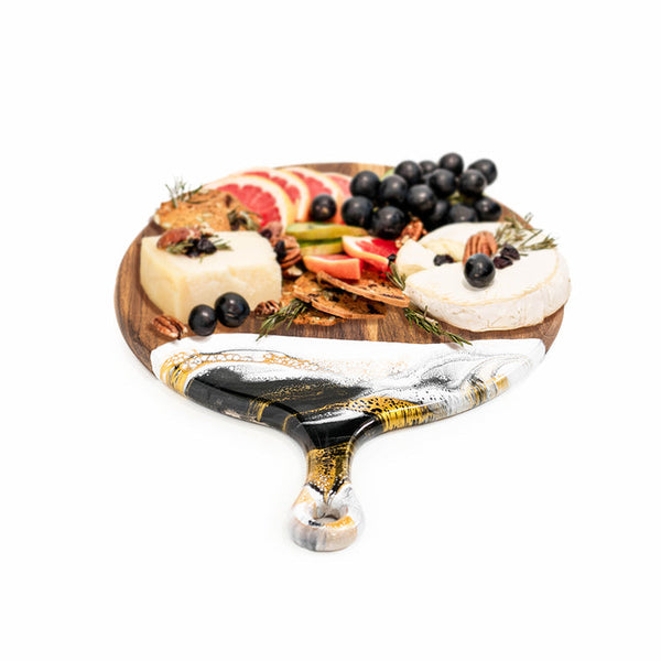 Round Cheese Paddle Acacia Board - Navy, White & Metallic