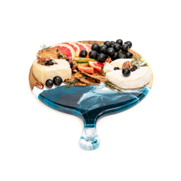 Round Cheese Paddle Acacia Board - Navy, White & Metallic
