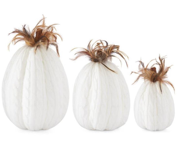 White Cable Knit Pumpkin with Wood Stem & Feathers
