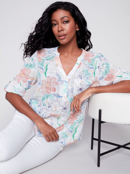 Digital Printed Roll Up Sleeve Cotton Gauze Blouse