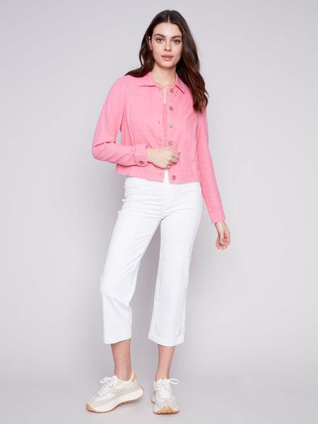 Solid Long Sleeve Button Front Linen Jacket
