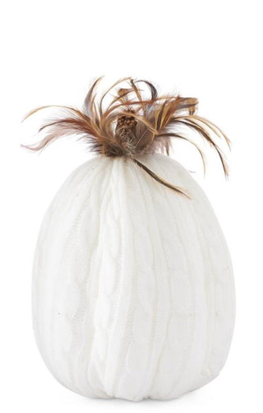 White Cable Knit Pumpkin with Wood Stem & Feathers