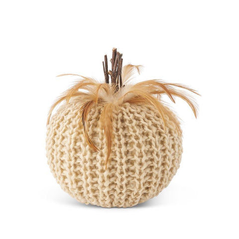 Cream Crochet Pumpkin with Wood and Feathers