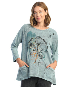 Jess & Jane Teal Whimsical Mineral Washed 100% Cotton Slub Patch Pockets Tunic Top