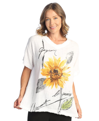 Jess & Jane Sunflower Mineral Washed Short-Sleeve Gauze Top With Fringe Accents