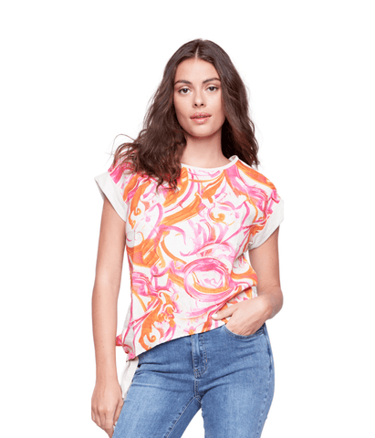 Printed Round Neck Jersey Linen Combo Front Tie T Shirt
