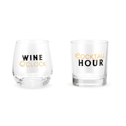 Cocktail Hour & Wine O'clock - Wine & Rocks Glass Set