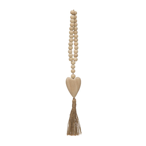Wood Beads With Heart And Jute Tassel