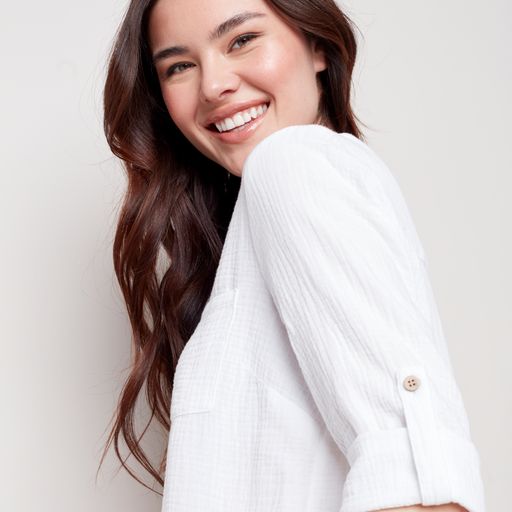 Charlie B Half Button Bubble Cotton Blouse