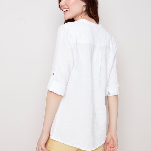Charlie B Half Button Bubble Cotton Blouse