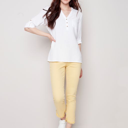 Charlie B Half Button Bubble Cotton Blouse