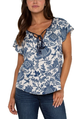 Liverpool woven top w/ front tie detail, Galaxy Floral